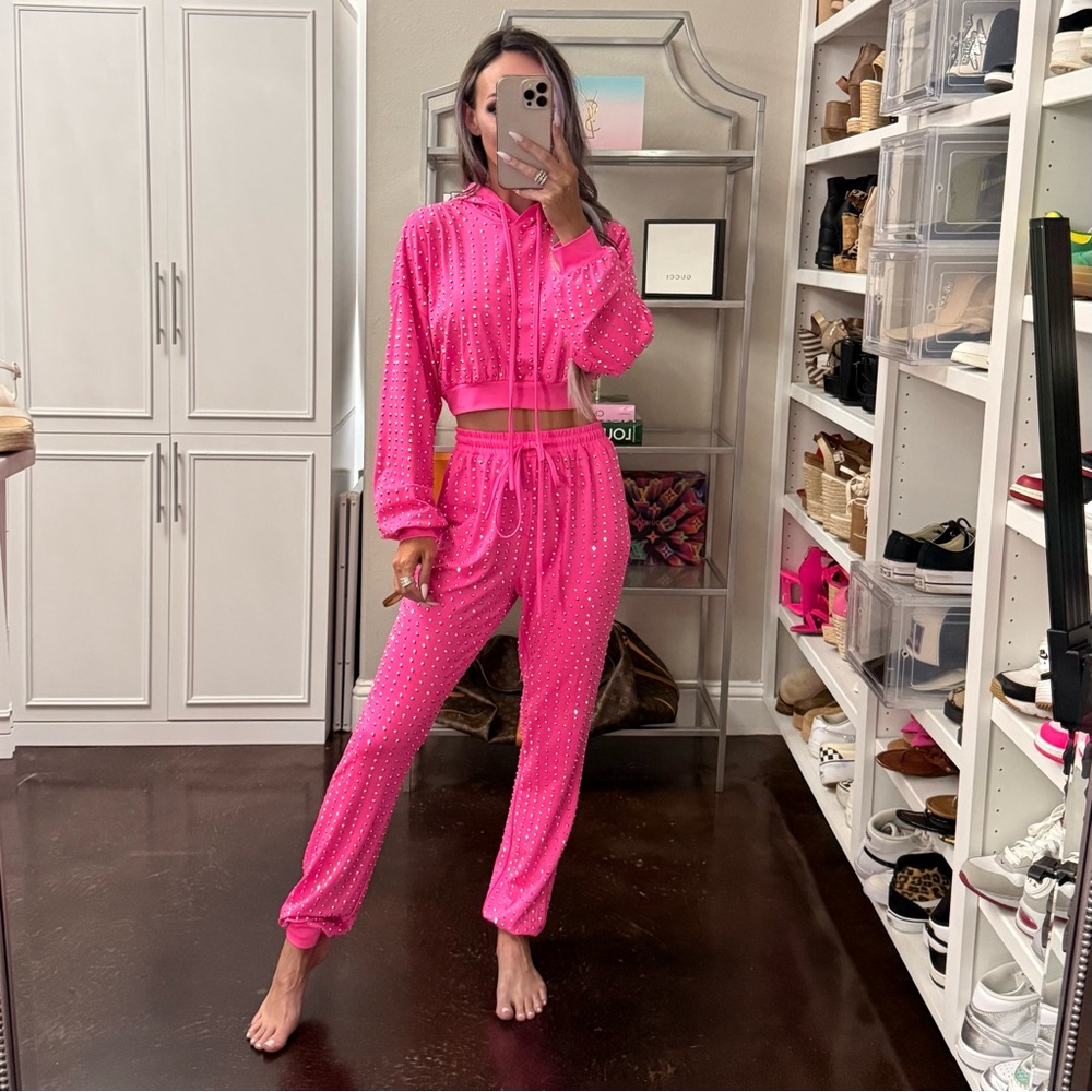 Hot Pink Rhinestone Cropped Hoodie Jogger Set - Small